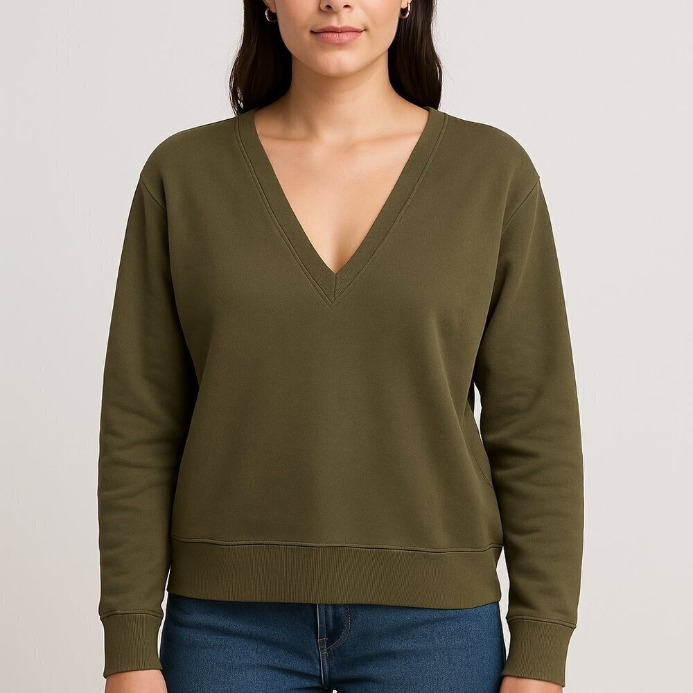 Thakoon Deep Olive V-Neck Cotton Sweatshirt Size Small NWT